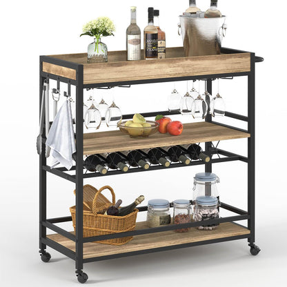 BON AUGURE Bar Cart for The Home, Bar Serving Carts on Wheels with Industrial Ladder Shelf Bookcase, 4 Tier Rustic Ladder Bookshelf, Standing Leaning Book Shelves for Living Room (Vintage Oak)