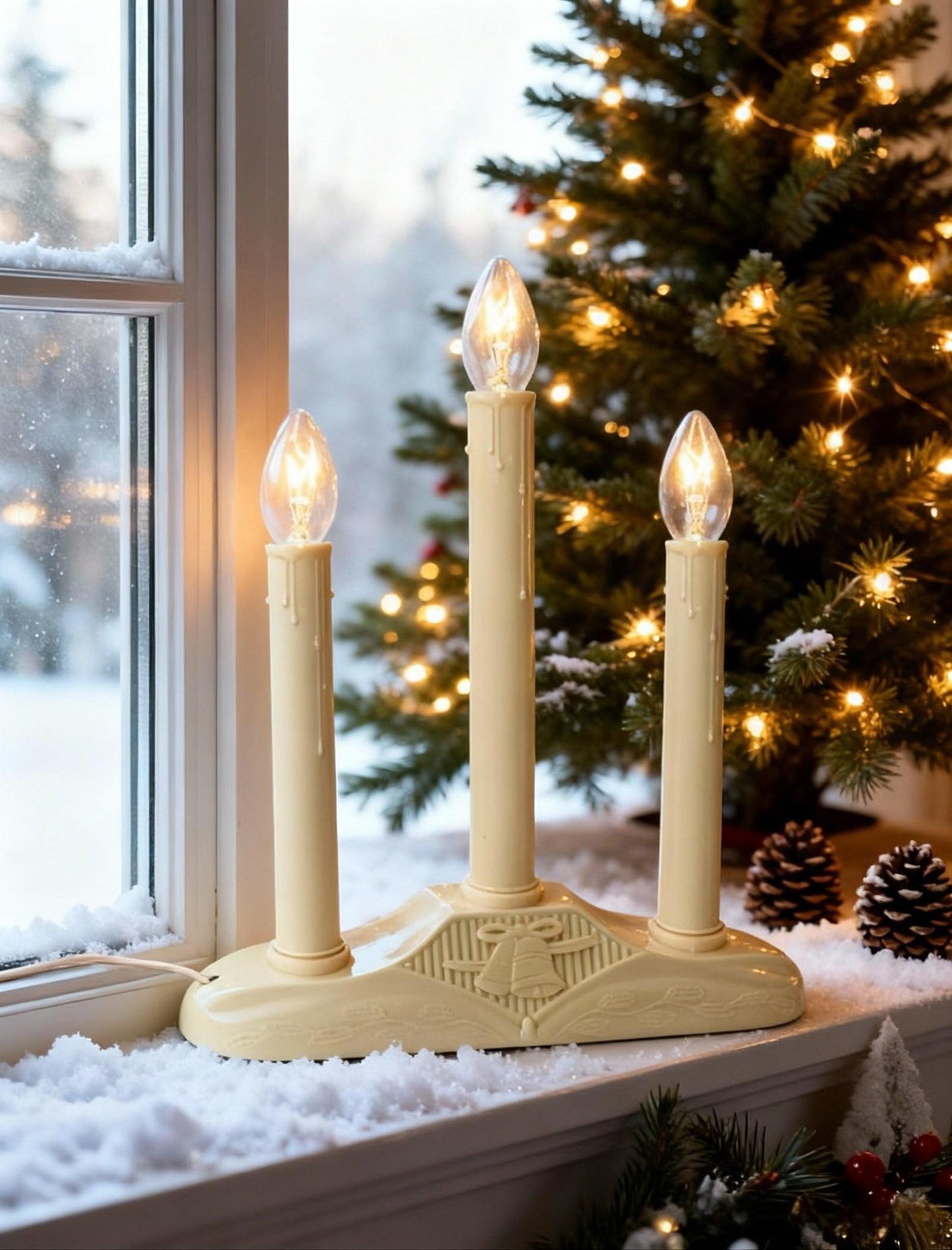 Pallerina 3 Light Christmas Window Candles, Electric Window Candles with 4 C7 Light Bulbs, Plug in Electric Candle for Christmas Party Home Decorating Restaurant Table Décor, Ivory -1 Pack