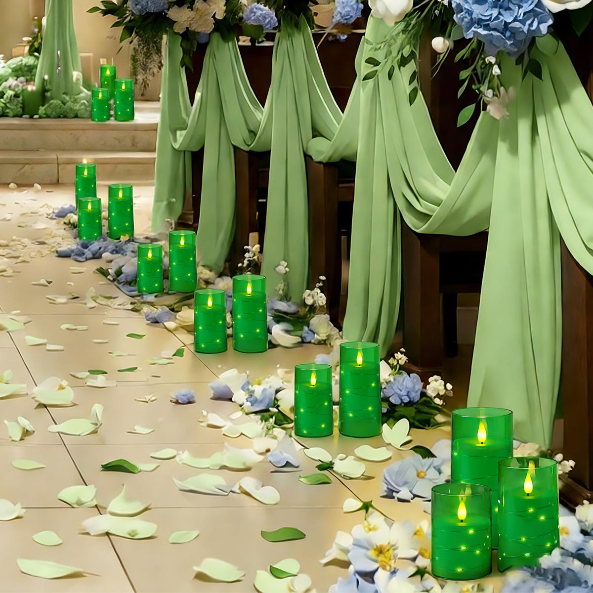 Homemory St. Patrick's Day Flameless Candles with Embedded Star String Fairy Lights, Green Battery Operated Candles, LED Candle, Fake Candles with Remote Control and Timer, Set of 3(H 4" 5" 6”)