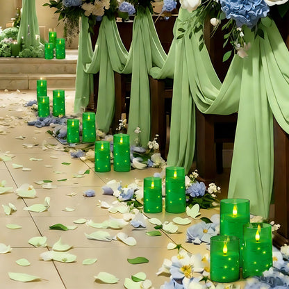 Homemory St. Patrick's Day Flameless Candles with Embedded Star String Fairy Lights, Green Battery Operated Candles, LED Candle, Fake Candles with Remote Control and Timer, Set of 3(H 4" 5" 6”)