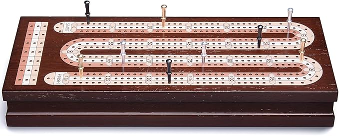 AMEROUS Wooden Cribbage Board Game Set with Magnetic Lock / 9 Metal Pegs / 2 Decks of Playing Cards/Larger Storage Area/Instruction Classic Tabletop Game for Family (3 Track Board)