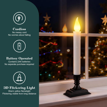 Enhon 12 Pack Battery Operated LED Window Candles, Dusk to Dawn Light Sensor, with Black Holders and Suction Cups, Ivory Christmas Window Candles, Amber Flicker Flame (Batteries AA Included)