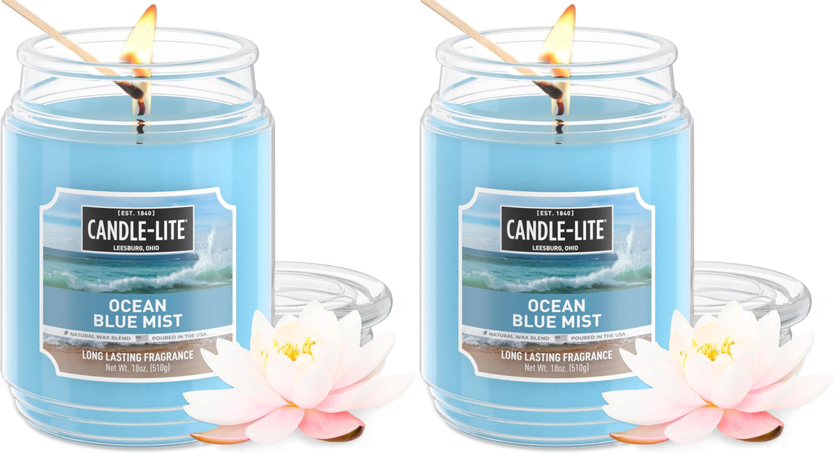 CANDLE-LITE Scented Ocean Blue Mist Fragrance, One 18 oz. Single-Wick Aromatherapy Candle with 110 Hours of Burn Time, Light Color (Individual Box) (Pack of 2)