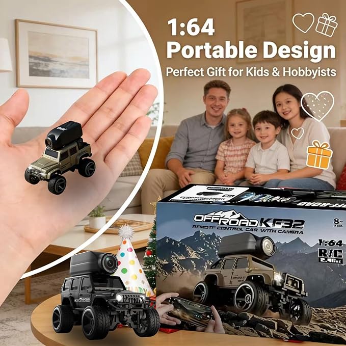 1:64 Scale 4WD Alloy Mini RC Crawler Car with FPV Camera 2.4GHz RTR Off-Road Mini Desktop RC Drift Car with LED Lights Adjustable Speed Dual Mode Model Vehicle Toy Gift for Adults Kids