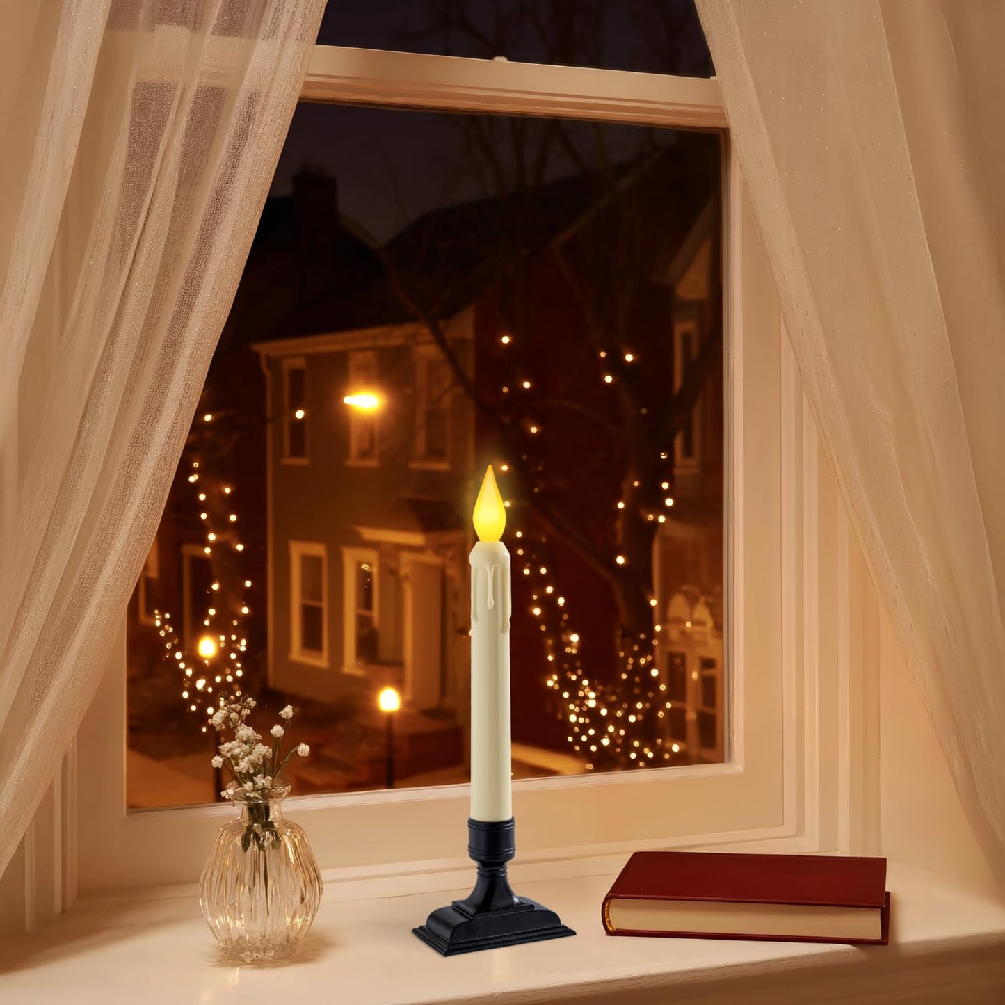 Meigic 6 Pcs Sensor Dawn to Dusk Window Candles, Flickering Battery Candles for Windows, Ultra Bright Fake Candle Lights with Black Holders, Led Candlesticks for Xmas Home Decor, Warm Yellow Light
