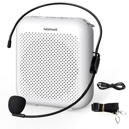 Norwii Bluetooth Voice Amplifier, Power Amplifiers, Portable Mini Wired Microphone Headset for Teacher Classroom & Outdoor Lectures, Teaching, Tour Guides, USB-C Rechargeable - 2000mAh, White