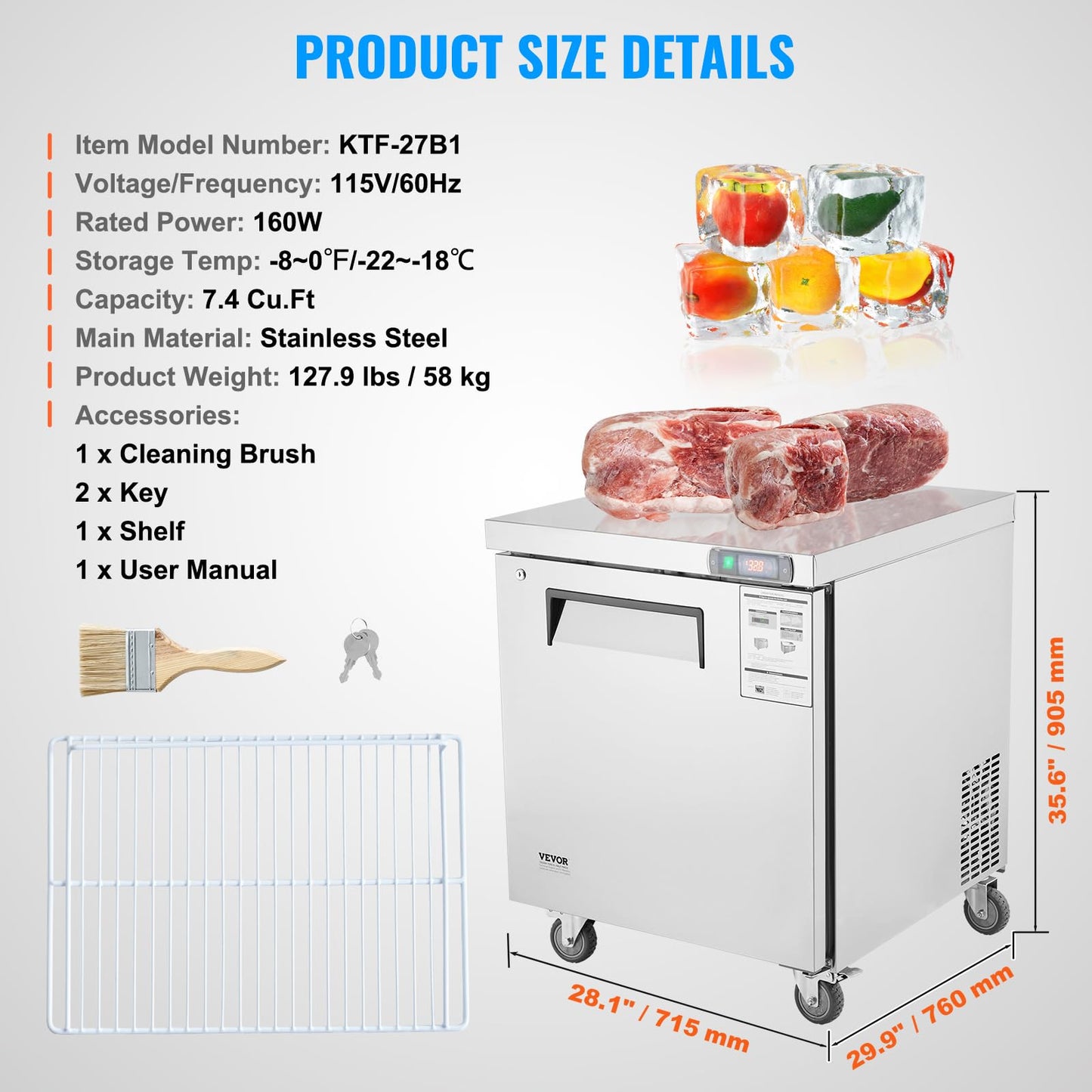 VEVOR 28" W Commercial Freezer Worktop, 7.4 Cu. Ft Undercounter Freezers with/Casters, <0~-8℉>Defrost Frozen Prep Table, Single Door Stainless Steel Food Frozen Prep Station for Restaurant, Diner