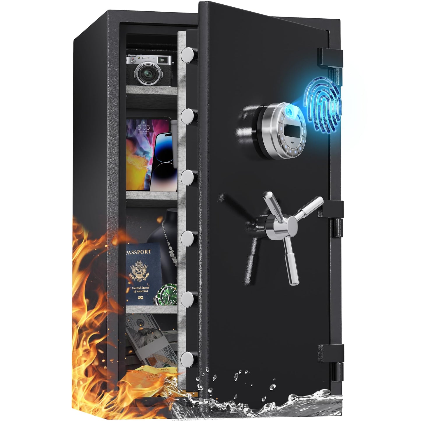 [60 Mins Fire Protection] [True to Size] 10.5 Cub Extra Large Biometric Waterproof Fireproof Home Safe, [Dual Mode] 185 LBs Heavy Duty Fire Proof Safe with DIY Pegboard Door for Business Office