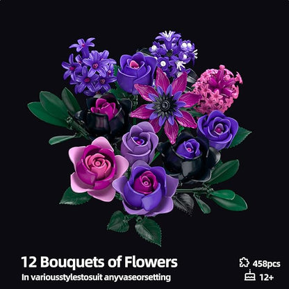 Purple Rose Flowers Bouquet Building Set - Valentines Decor Compatible with Lego Flowers for Adults Women - Gothic Home Office Table Centerpiece Decor Halloween Christmas Valentine's Gift