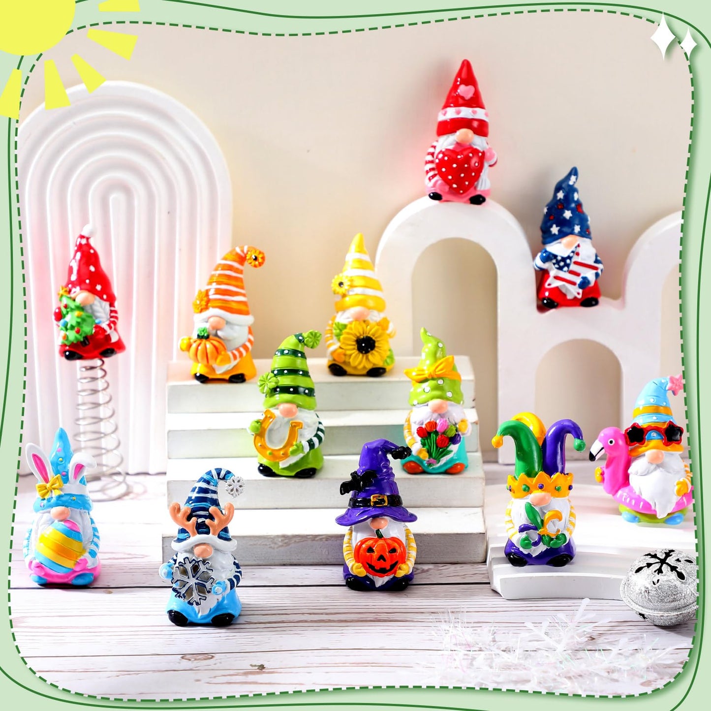 Gejoy 12 Pcs Mini Interchangeable Gnome Tree Topper, Valentine's Day Seasonal Resin Gnome Ornaments 5.1'' Miniature Christmas Tree Toppers for Year Round Gift, Office Home Decor, 1 Spring