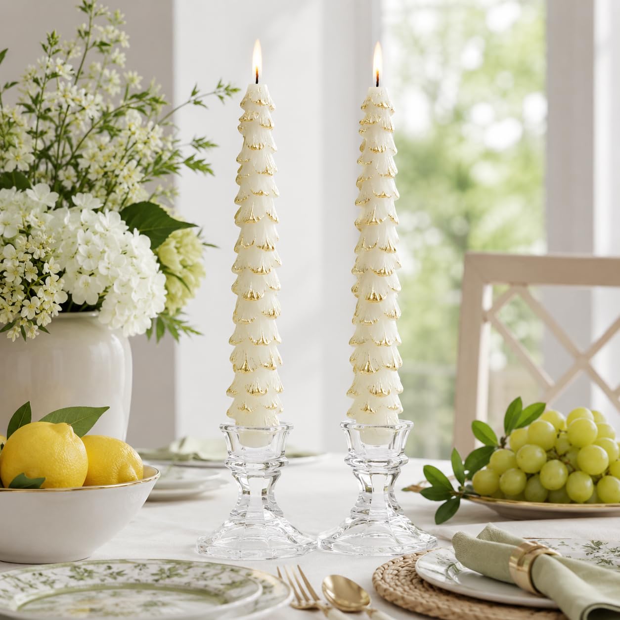 10 Inch Christmas Tree Taper Candles Set of 2, Handmade Unscented White Gold Tapered Candles Dinner Candles for Candlestick Holders, Holiday Wedding Table Decor