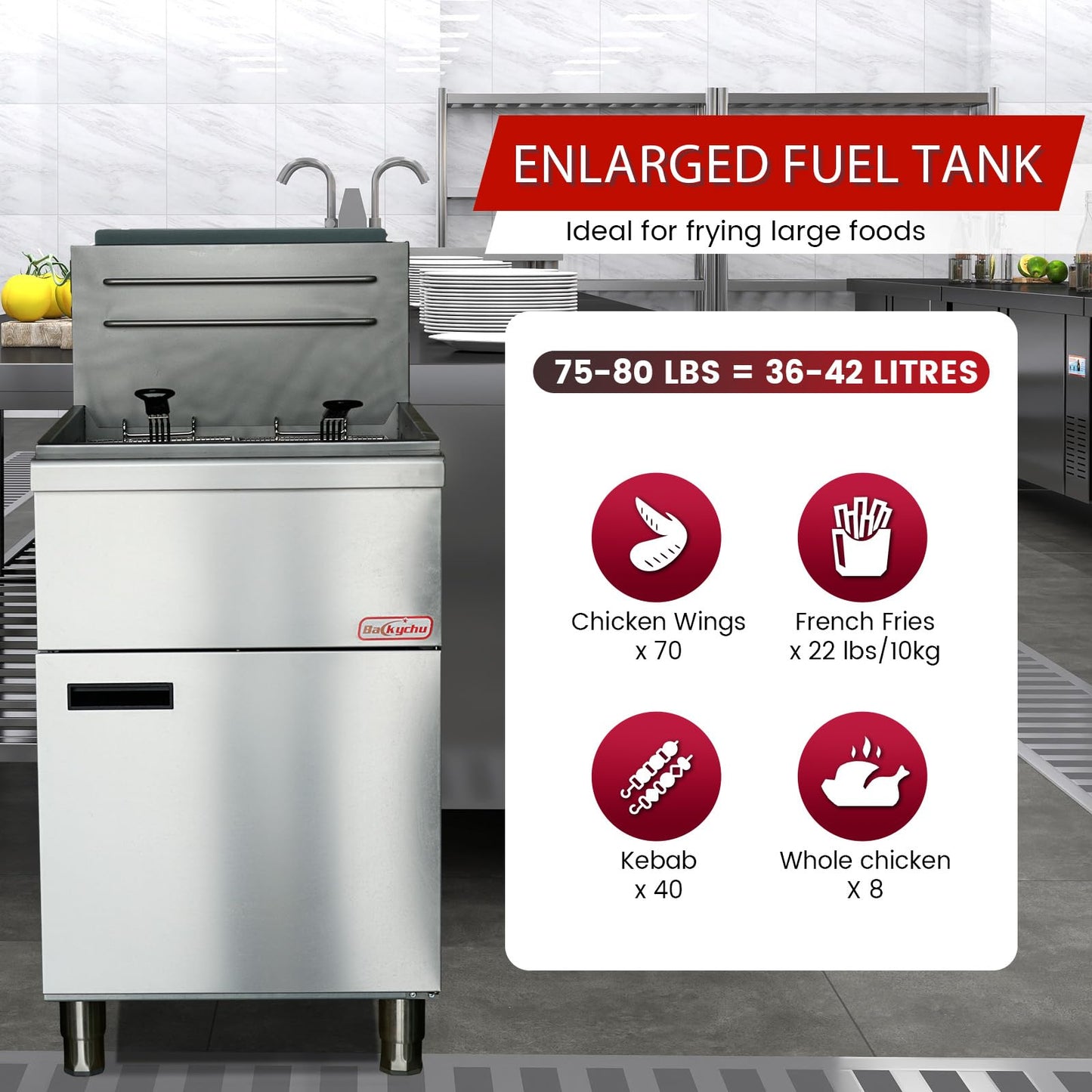 Backychu Commercial Deep Fryer -5-Burner Natural Gas Fryer CSA, 75-100 lbs Capacity, 150,000 BTU/h Adjustable Thermostat 200°F-400°F, Stainless Steel Gas Liquid Propane Deep Fryer for Restaurants