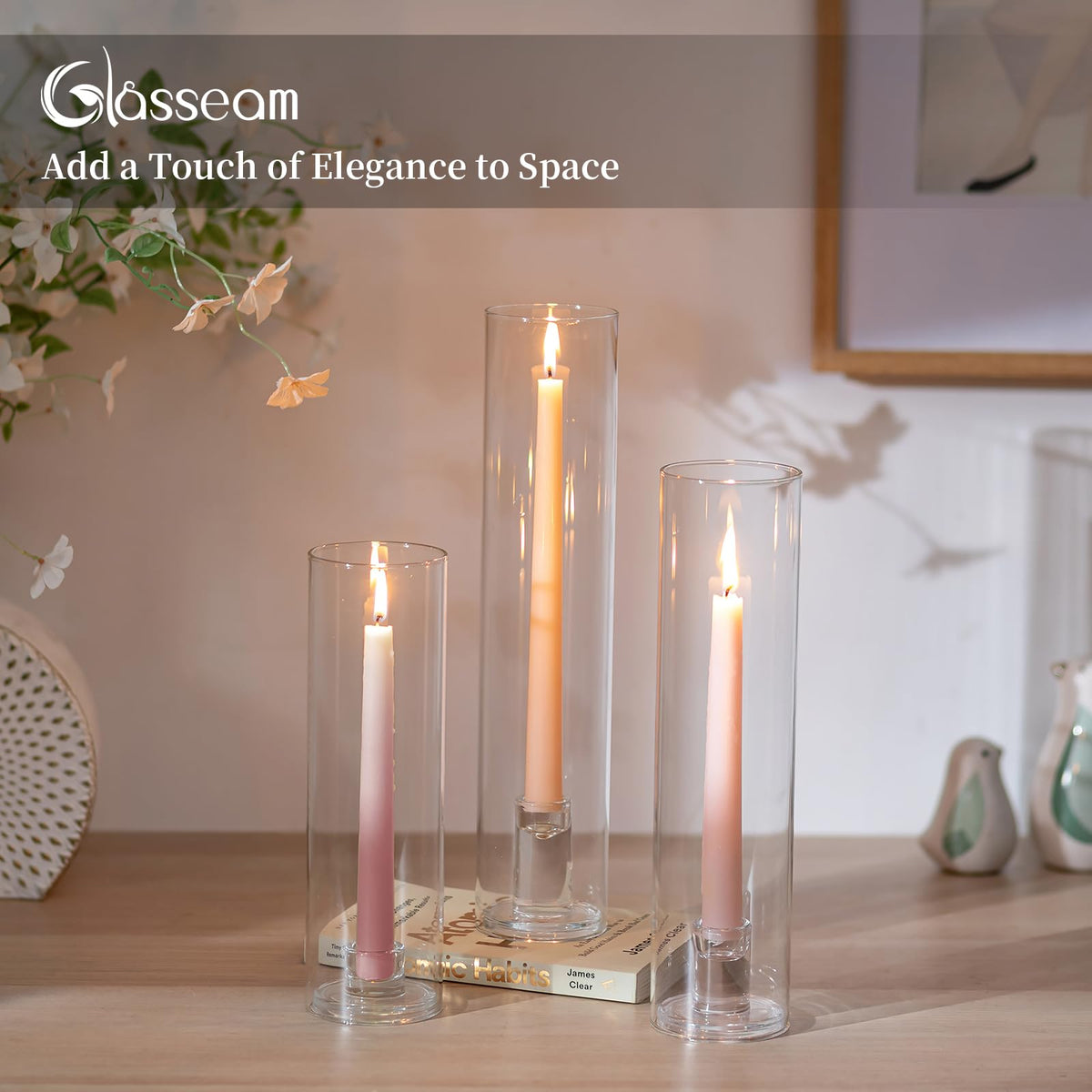 Glasseam Hurricane Taper Candle Holders: Set of 3 Glass Candlestick Holders with Clear Tall Cylinder Candle Sleeves for Centerpiece Table Outdoor Wedding Home Decor 9.84''/11.84''/13.78''