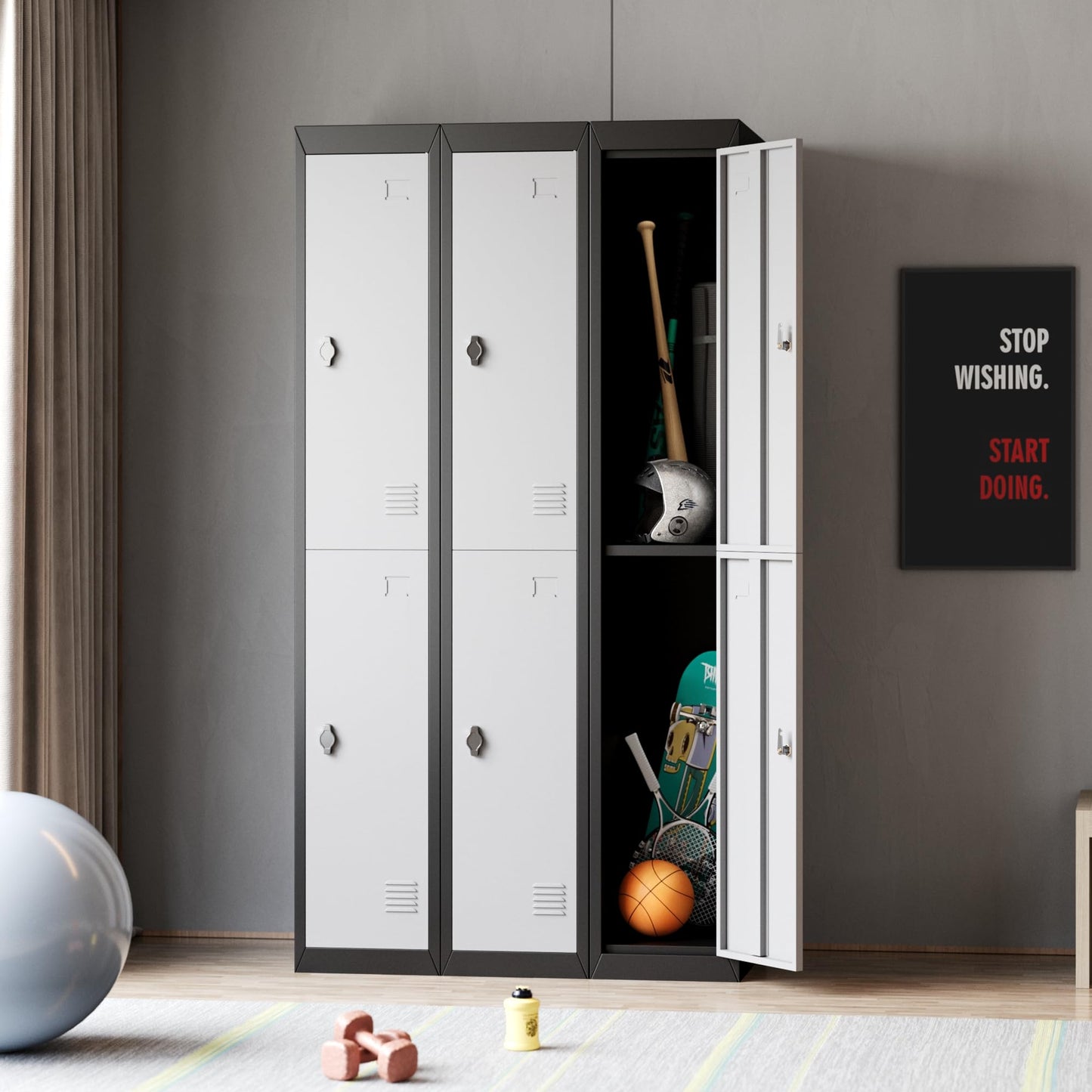 GAOMON 2 Door Tall Metal Locker with Key Employee Metal Locker, Lockable Heavy Duty Steel Employee Locker for Schools, Gyms, Homes, Offices, Utility Rooms, Grey and Black
