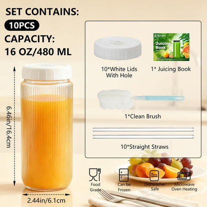 Ruckae 16oz Juice Bottles,Ribbed Glass Juicing Bottles with Lids,Smoothie Cup Lids and Straws,Water Bottle Mason Jar Drinking Glasses for Juicing,Smoothies,Kombucha (Clear-10 pack)