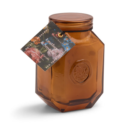 Paddywax Botanica Scented Candle with Lid in Reusable Embossed Glass Jar, Clean-Burn Soy Candle with Approx. 56 Hour Burn Time, Leather & Smoke, 8 oz