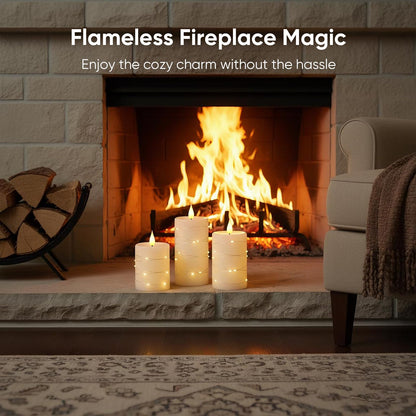 Amagic Flameless Candles with Embedded String Lights, 11-Key Remote & Timer, 3D Wick Real Wax Battery Operated Flickering Led Pillar Candles for Home, Lantern Decor, Set of 2, White