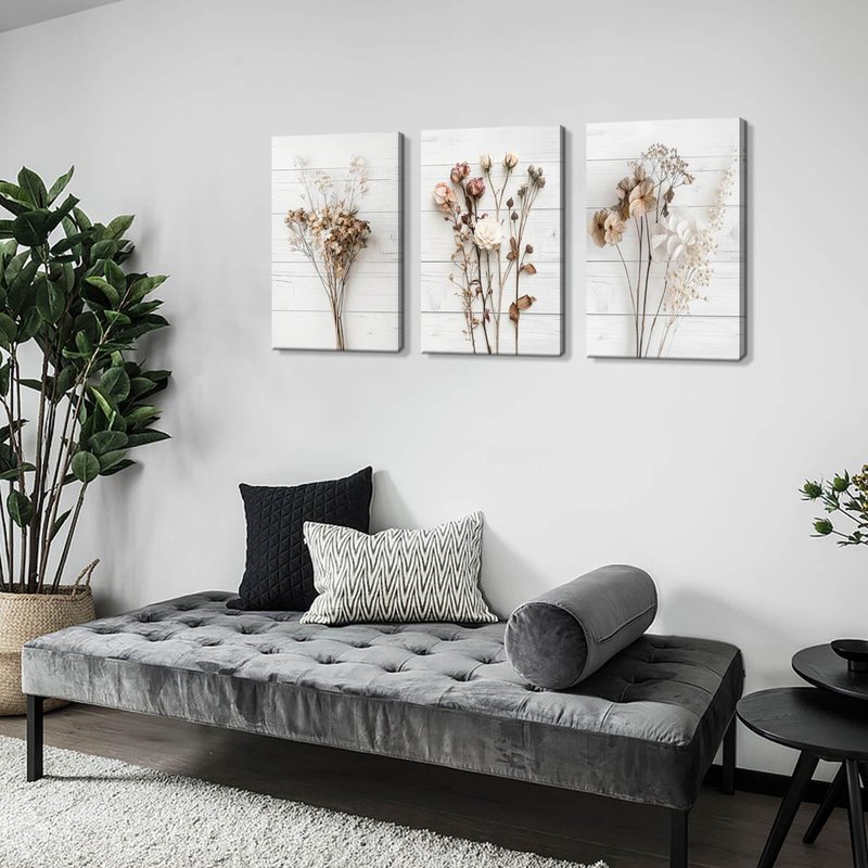 Modern Farmhouse Wall Decor Dried Wildflower Neutral Canvas Print Still Life Wall Art for Bedroom Aesthetic Rustic Floral Wall Art for Living Room Wall Decoration Stretched Set of 3 Pieces 16x24inches