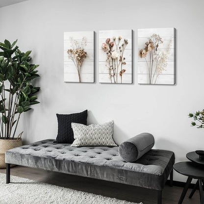 Modern Farmhouse Wall Decor Dried Wildflower Neutral Canvas Print Still Life Wall Art for Bedroom Aesthetic Rustic Floral Wall Art for Living Room Wall Decoration Stretched Set of 3 Pieces 16x24inches