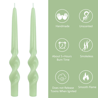 9 Inch Taper Candles Spiral Candles Handmade Unscented Smokeless 2 Pack Candlesticks Twisted Candlesticks for Wedding Dinner Decoration(Green)