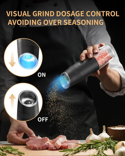 CIRCLE JOY Gravity Electric Salt and Pepper Grinder Set Automatic Shakers Upgraded Pepper Mill with Rechargeable Base, External Adjustable Coarseness, LED Light, Easy Refill for Kitchen & Outdoor