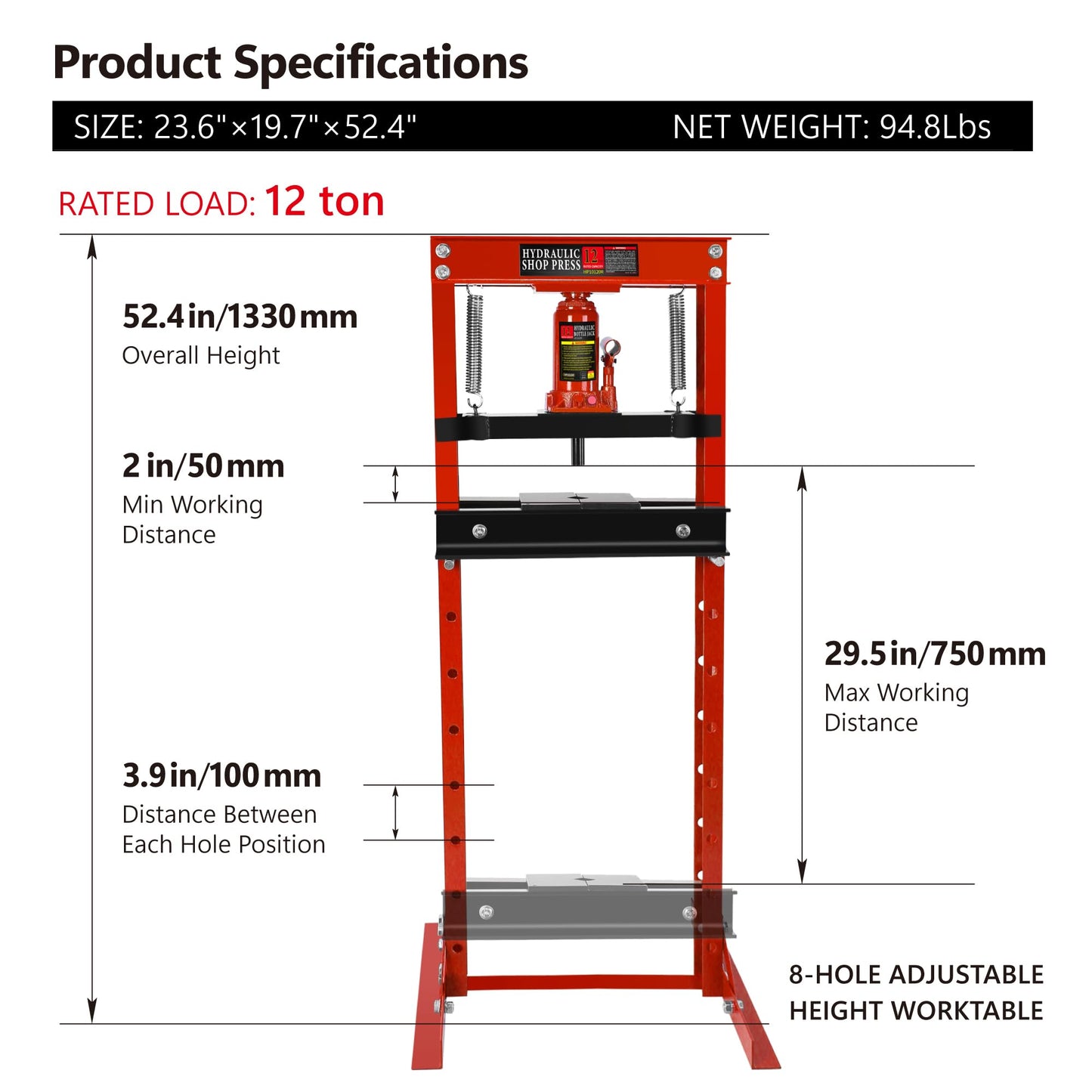 PULLAFUN 12-Ton H-Frame Garage Press with Adjustable Table and Press Plates, Red