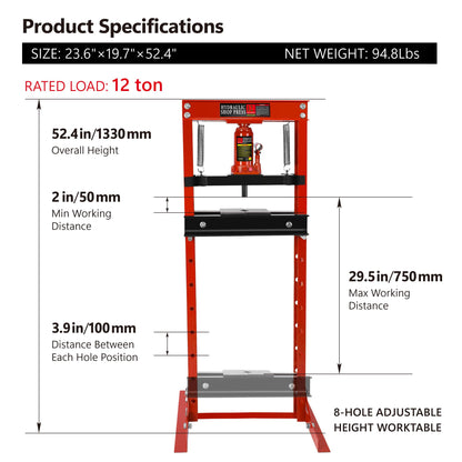 PULLAFUN 12-Ton H-Frame Garage Press with Adjustable Table and Press Plates, Red