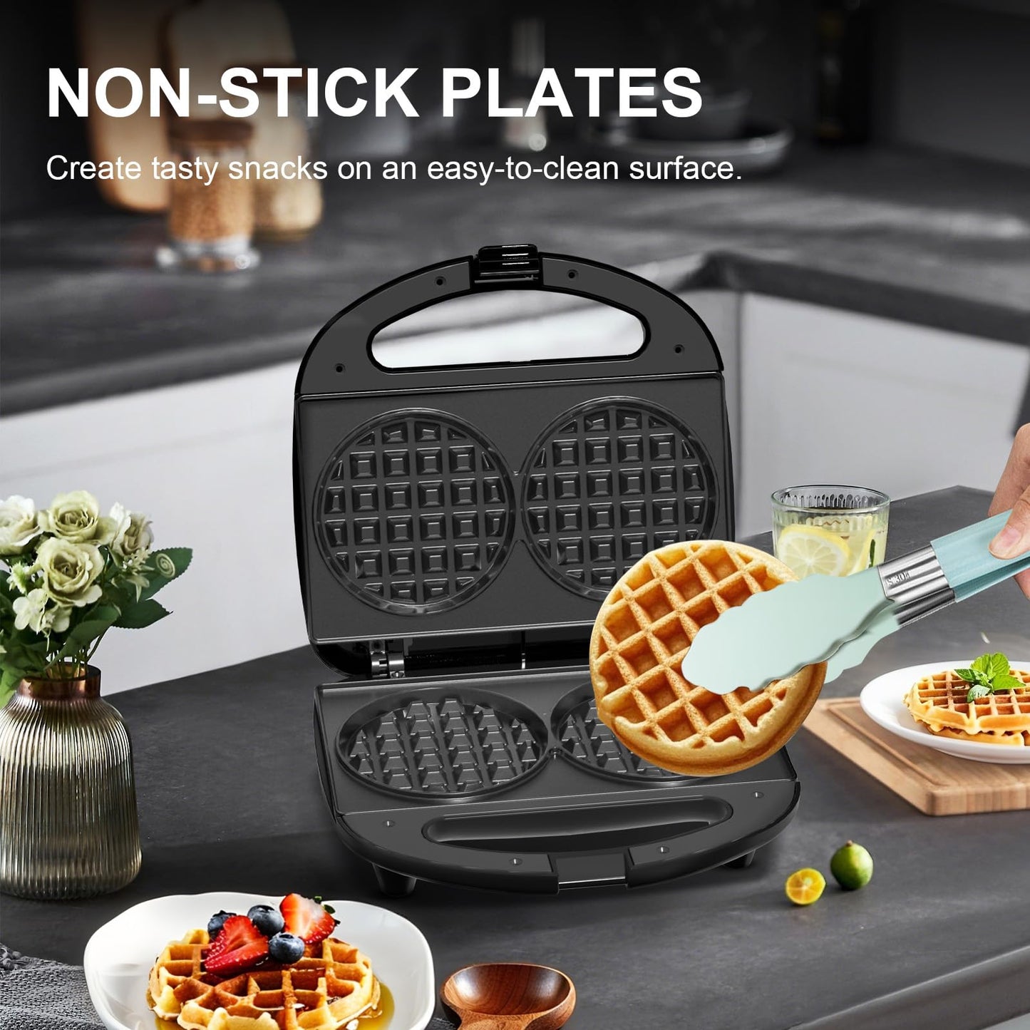 OSTBA Mini Waffle Maker 750W, Double 4-Inch Belgian Waffles Iron, Nonstick Plates, Compact Breakfast Appliance, Easy to Clean, Perfect for Kids & Family Breakfast