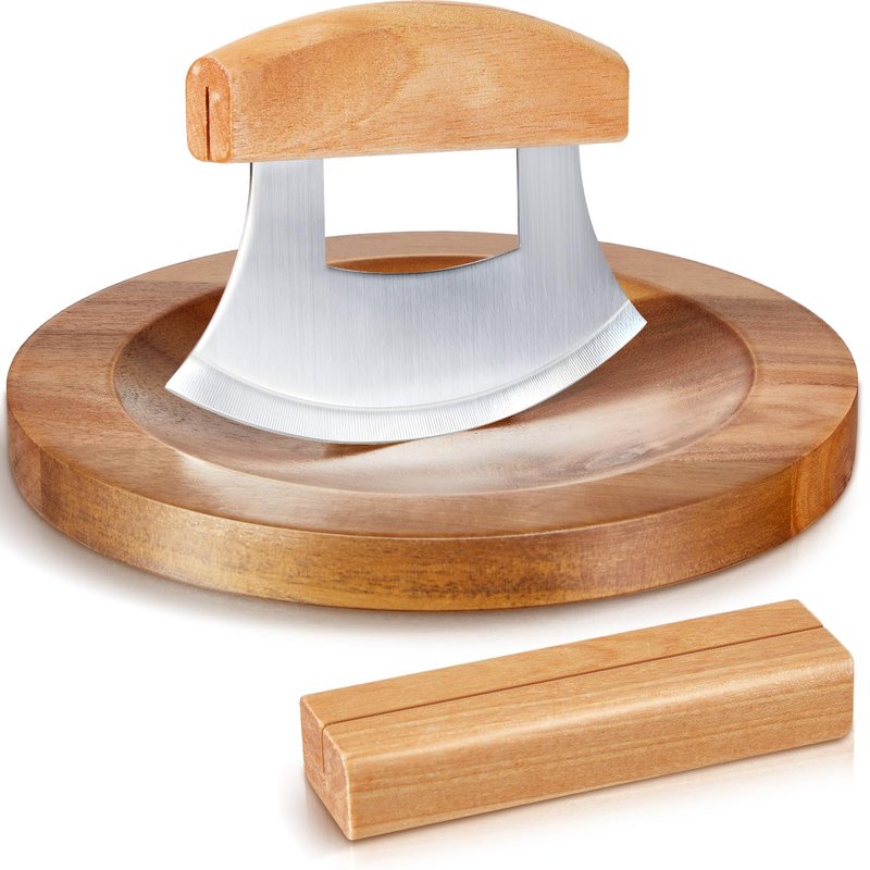 Sunnychicc 2 Pcs Mezzaluna Ulu Knife and Cutting Board Set Rocker Chopper Slicer Cutter with Stand Cutting Board Mezzaluna Chopper Alaskan Ulu Knife Kit for Onion Vegetable Mincing Tool(Wood)
