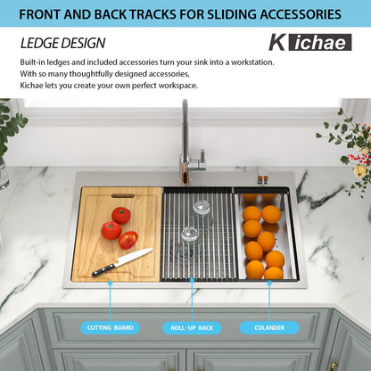 Kichae 33 Kitchen Sink Drop In - 33 x 22 Kitchen Sink Ledge Workstation Topmount Drop-In Single Bowl Stainless Steel 16 Gauge Single Bowl