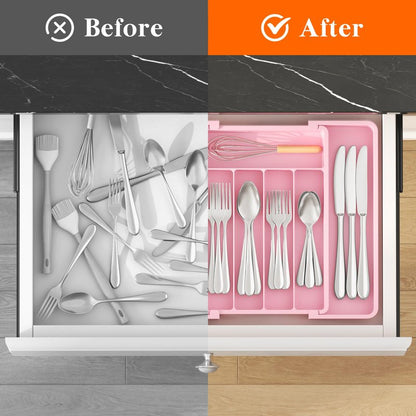 Lifewit Silverware Drawer Organizer, Expandable Utensil Tray for Kitchen, BPA Free Flatware and Cutlery Holder, Adjustable Plastic Storage for Spoons Forks Knives, 8.5"-14.1" x 12.1", Pink