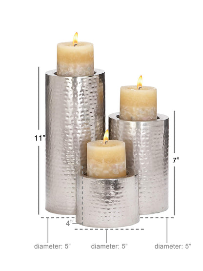 CosmoLiving by Cosmopolitan Metal Handmade Pillar Candle Holder, Set of 3 11", 7", 4"H, Silver