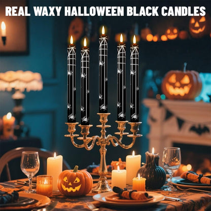 Wondise Black Halloween Flameless Taper Candles with Remote & Timer, Halloween Battery Operated Spider Candles Waxy with 3D Wick Flickering for Halloween Decorations