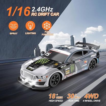 Dollox Remote Control Car 1/16 Scale RC Drift Car 2.4GHz 4WD High Speed 18+KM/H Vehicle with LED Lights and Spray Extra Drifting Tires Racing Vehicle Toys Birthday Gifts for Adults Boys 2 Batteries