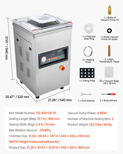 VEVOR Chamber Vacuum Sealer, 100kPa Powerful Vacuum Sealing Machine, LED Screen, One-Touch Compact Meat Packing Machine with 2 Sealing Strips & 60 Vacuum Bags, for Dry & Wet Food Preservation