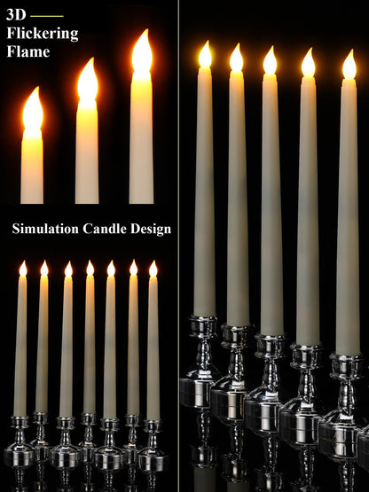 VIHOSE 24 Pcs Flameless Taper Candles with Holders Remote Timer Battery Operated Candles Bulk LED Candlesticks Flickering for Valentines Wedding Home Window Carnival Party Decor(Silver,Classic Style)