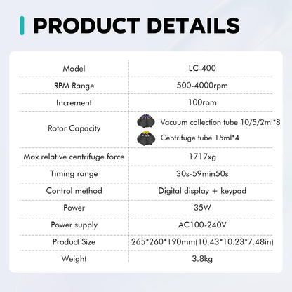 LAB FISH PRP Centrifuge Machine LC-400 8 * 2ml/5ml/10ml, 4 * 15ml Lab Tubes | Low Speed Control 500-4000RPM,Max 1717xg | Timer Function 30sec-59min
