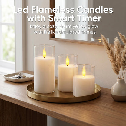 5plots Glass Battery Operated White Flameless Candles with Remote Timer, 3D Wick Real Wax Pillar Led Candles Warm Flickering Light for Indoor Home, Halloween, Christmas Decor, Set of 3, D3 x H4 5" 6"