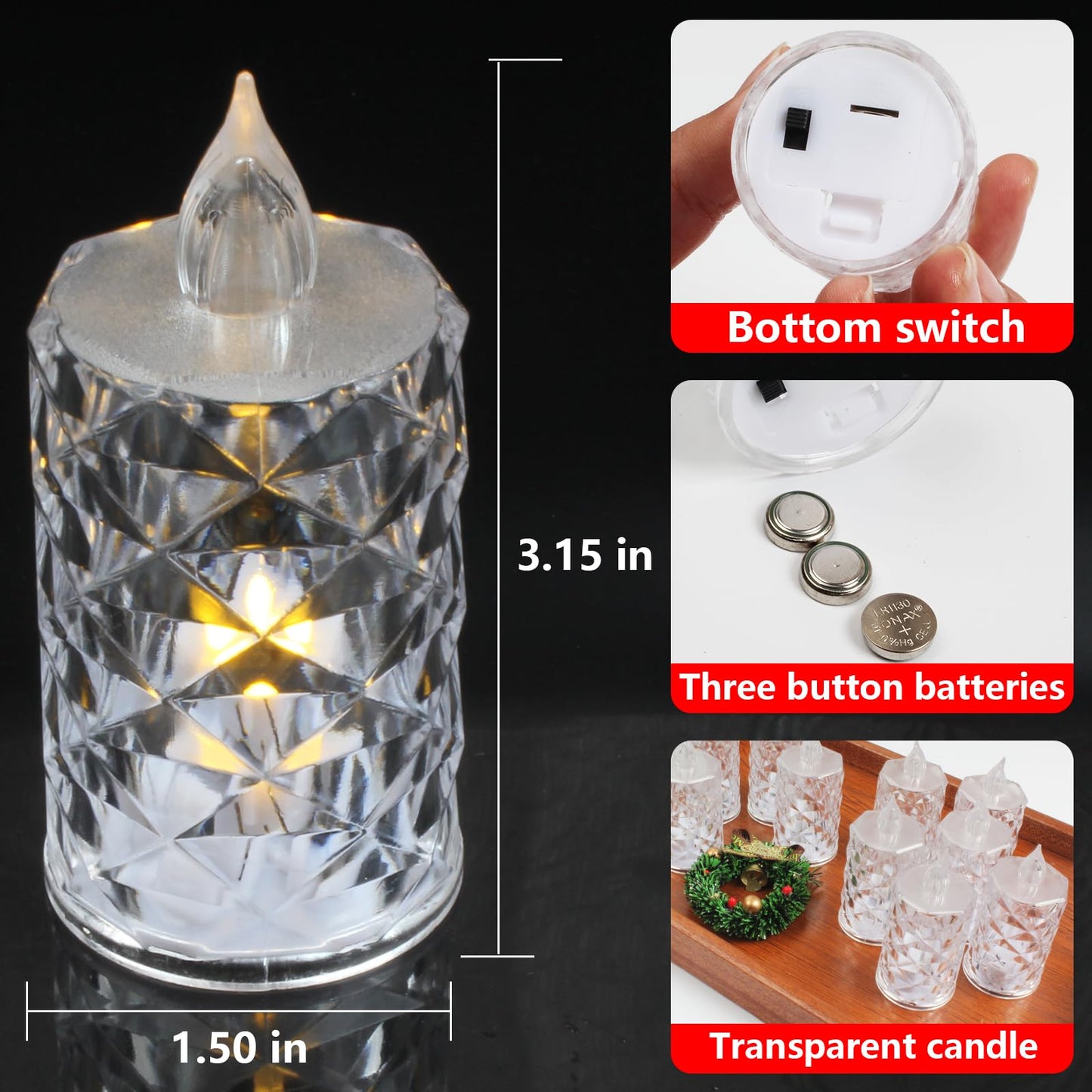 24-Pack Flameless Candles, Battery Operated Crystal LED, 200+H Runtime – Realistic Flickering Light for Table Centerpiece, Safe for Mother's Day, Father's Day, BBQs, Outdoor & Family Gatherings