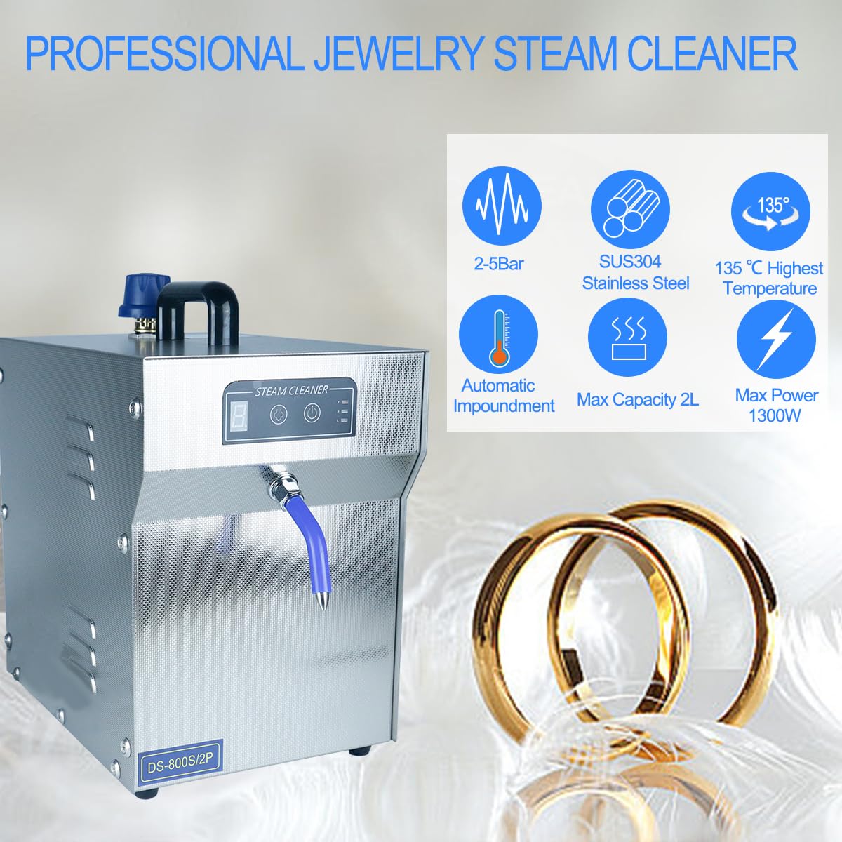 Jewelry Steam Cleaner Machine Professional for Ring Watch 1200W Commercial Jewelry Steamer High Pressure for Diamond Gold Silver 2L Stainless Steel Automatic Cleaning Steaming for Sunglass Scalpel