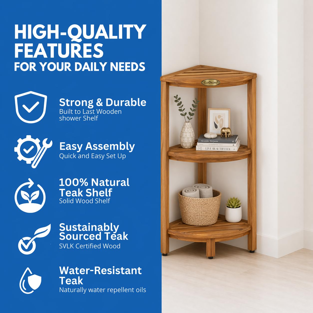 EcoDecors Snazzy Corner Gold 3 Tier Corner Shelf FSC Teak Wood Bathroom Shelf Natural Water Resistant Spa Shower Organizer for Bathroom Sauna Bath Storage 17 x 12 x 32 in