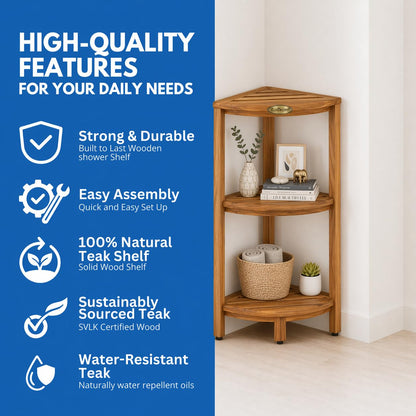 EcoDecors Snazzy Corner Gold 3 Tier Corner Shelf FSC Teak Wood Bathroom Shelf Natural Water Resistant Spa Shower Organizer for Bathroom Sauna Bath Storage 17 x 12 x 32 in
