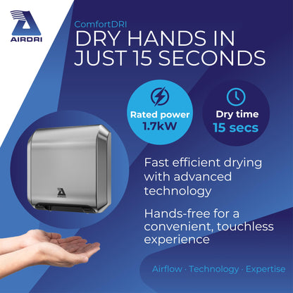 Airdri ComfortDRI Automatic Warm Air Hand Dryer - 1.7kW Low Noise Motor - 15-Second Dry Time - 67dBA Noise Output - ADA Compliant - Ideal for Small Workplaces - Stainless Steel