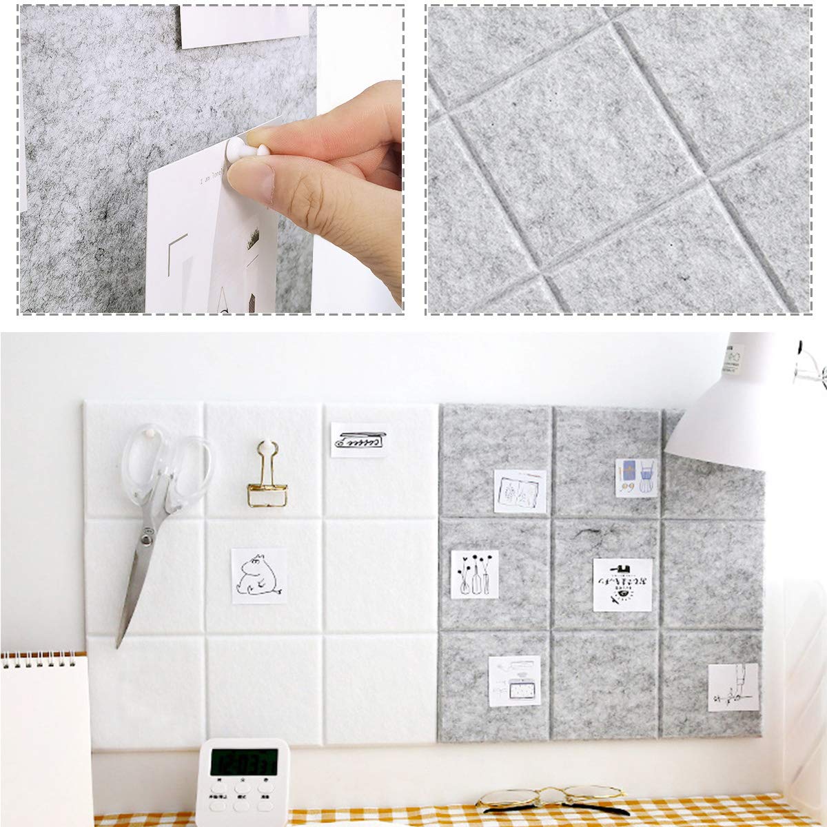 Uoisaiko Large Felt Board Tiles for Wall with 30 Push Pins, 11.8"x11.8" Pack of 6 Pin Board Notice Boards for Home Office Kitchen, Bulletin Board Wall Tiles for Photos Memos (Black+White, 6 Pack)