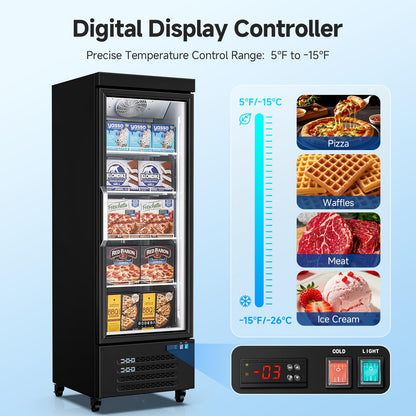 BODEGACOOLER Commercial Freezer Upright, 1 Door Standing Display Freezer With Glass Door, 18 Cu.Ft Large Capacity, -15℉-5℉ Temperature Range, Auto Defrost, For Ice Cream, Frozen Foods