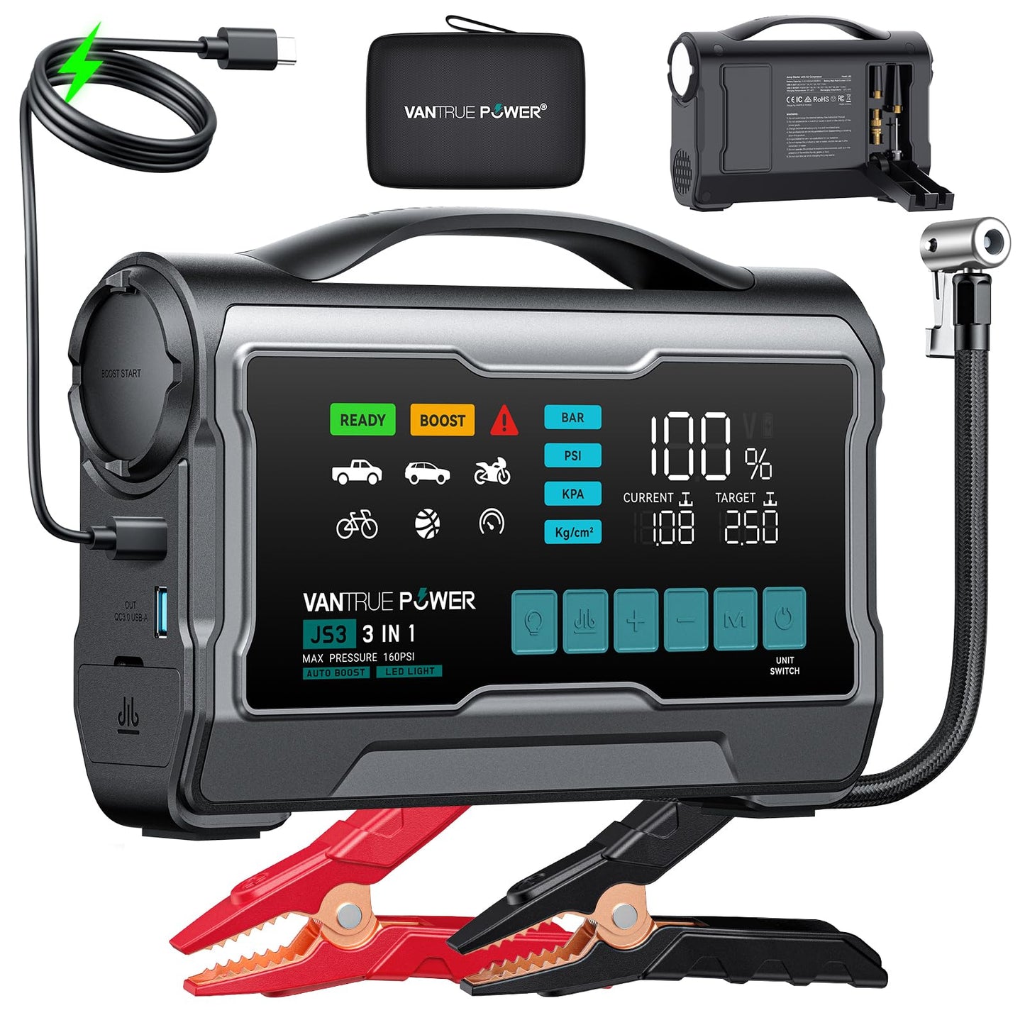 VANTRUE POWER JS3 Real 3250A Jump Starter with Air Compressor 160PSI, 12V Car Battery Booster with 9" Large Display, Jump Box with Light, 65W Fast Charging Power Bank, 8.0L Gas/3.8L Diesel Engines