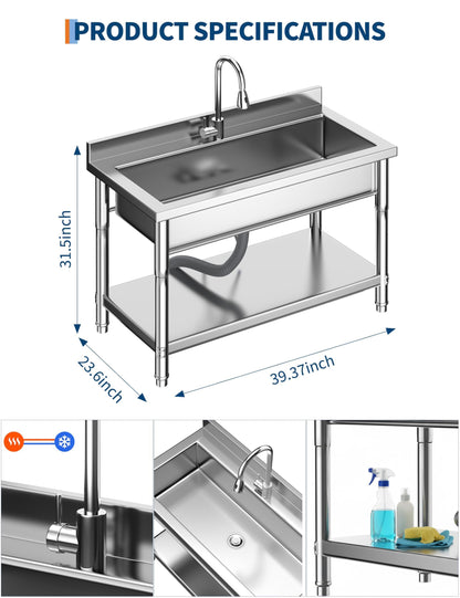 GarveeTech 39.4" Commercial Stainless Steel Utility Sink – Free Standing Single Bowl with Hot/Cold Water Pipe for Kitchen, Laundry Room, Garage, Restaurant | Heavy-Duty Sink Station