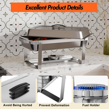 IDEALHOUSE 4-Pack Buffet Chafer Set, Thickened Stainless Steel Food Warmer, 8QT Rectangle Chafing Dishes with Lids & Foldable Frame for Catering & Large Events