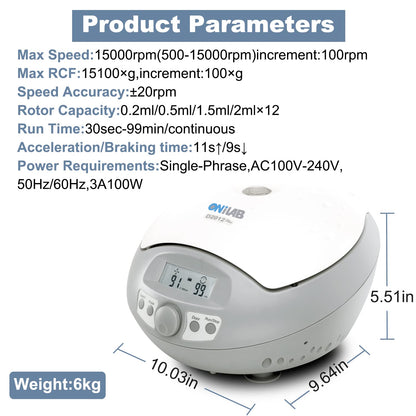 ONiLAB LCD Digital High Speed Mini Centrifuge15000rpm, Capacity 0.2/0.5/1.5/2ml x 12 Place,Max RCF 15100xg,Low Noise≤54dB, 100-240V