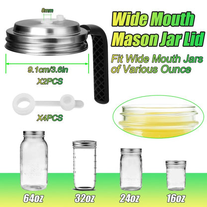 Palksky Mason Jar Lids with Straw Hole Wide Mouth, Stainless Steel Drinking Lid with Handle & Silicone Rings, Spill-Resistant Mason Jar Straw Lid for Iced Coffee, Juice, Lemonade (2 Packs)
